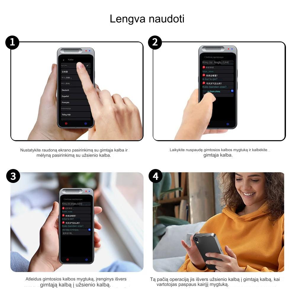 Techninės Detalės: Ekrano dydis: 4.1 colių lietimui jautrus ekranas su 1280x640 raiška. Baterija: 1500mAh talpos baterija, užtikrinanti iki 8 valandų nuolatinio naudojimo ir iki 7 dienų budėjimo režime. Atmintis: 1GB RAM ir 8GB ROM. Matmenys: 116x49x12mm. Tinklo ryšys: Wi-Fi, Hotspot ir Offline režimai. Kalbos: 138 palaikomos kalbos, įskaitant anglų, ispanų, prancūzų, vokiečių, rusų, kinų, arabų, japonų, korėjiečių, italų, portugalų, lenkų, turkų, hindi, bengalų, indoneziečių, vietnamiečių, tajų ir daugelį 